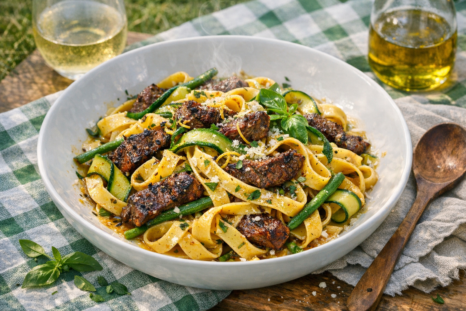 Bronzed beef ribbons tangle with glossy tagliatelle, green zucchini curls and bright beans, flecked with basil and lemon zest, glossed with Parmesan, in a wide white pasta bowl.