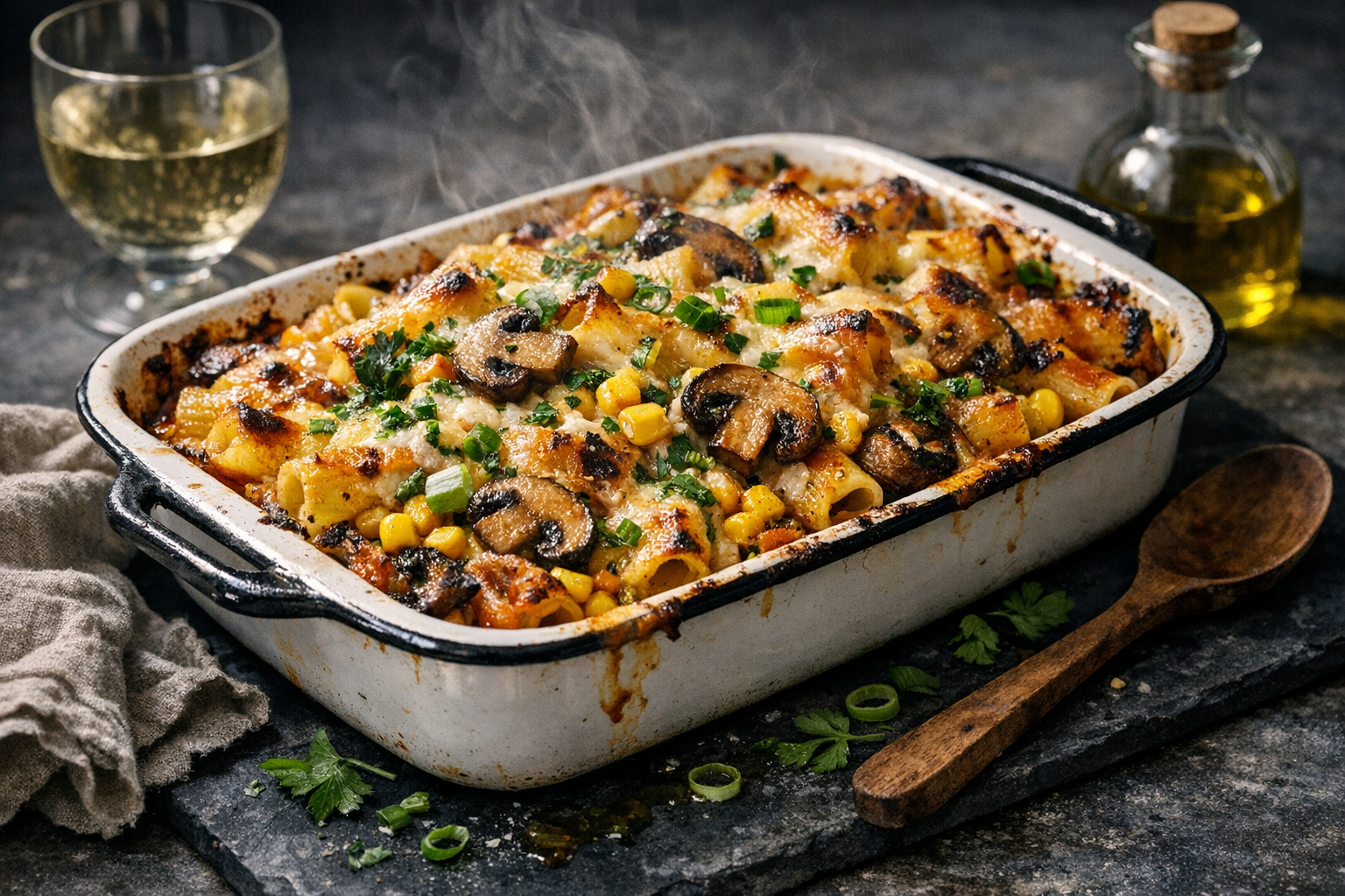 A golden, bubbling pasta bake in a white enamel roasting dish, mushrooms bronzed and corn bright-yellow, speckled with green parsley and scallions, cheese blistered in spots and edges caramelized.