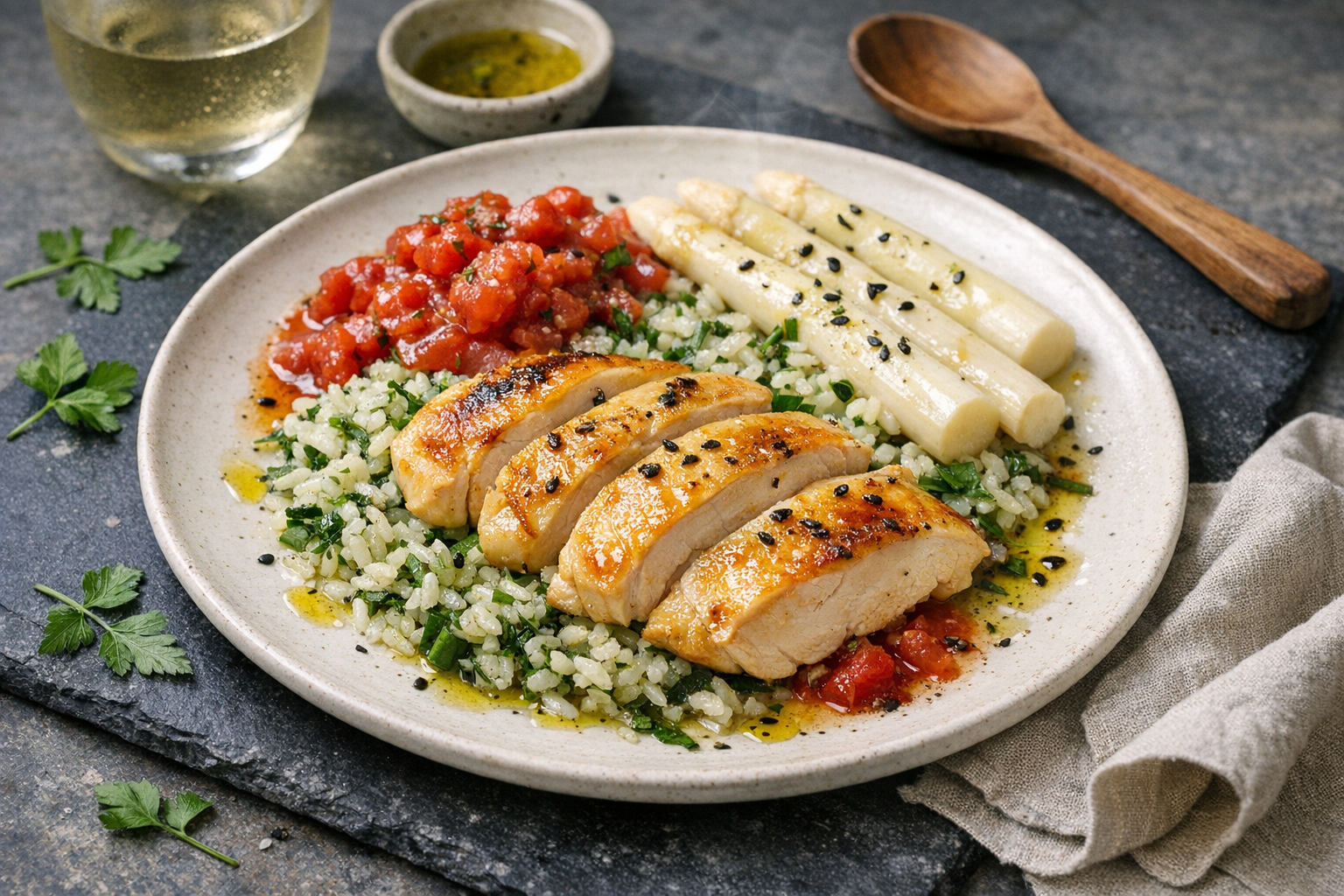 Tender golden chicken slices over green-flecked rice, with glossy red tomato relish and ivory white asparagus, finished with black sesame and olive oil on a warm white plate.