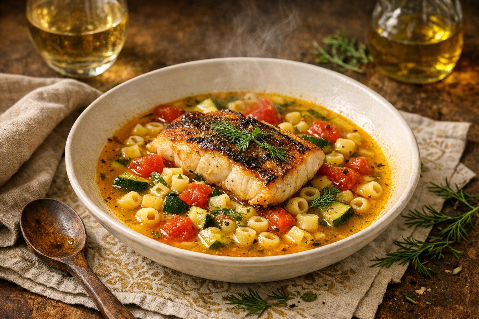 Shallow white bowls cradle saffron-yellow broth with ditalini, green zucchini and ruby tomatoes, crowned by a golden-skinned fish fillet and a scatter of fresh dill.
