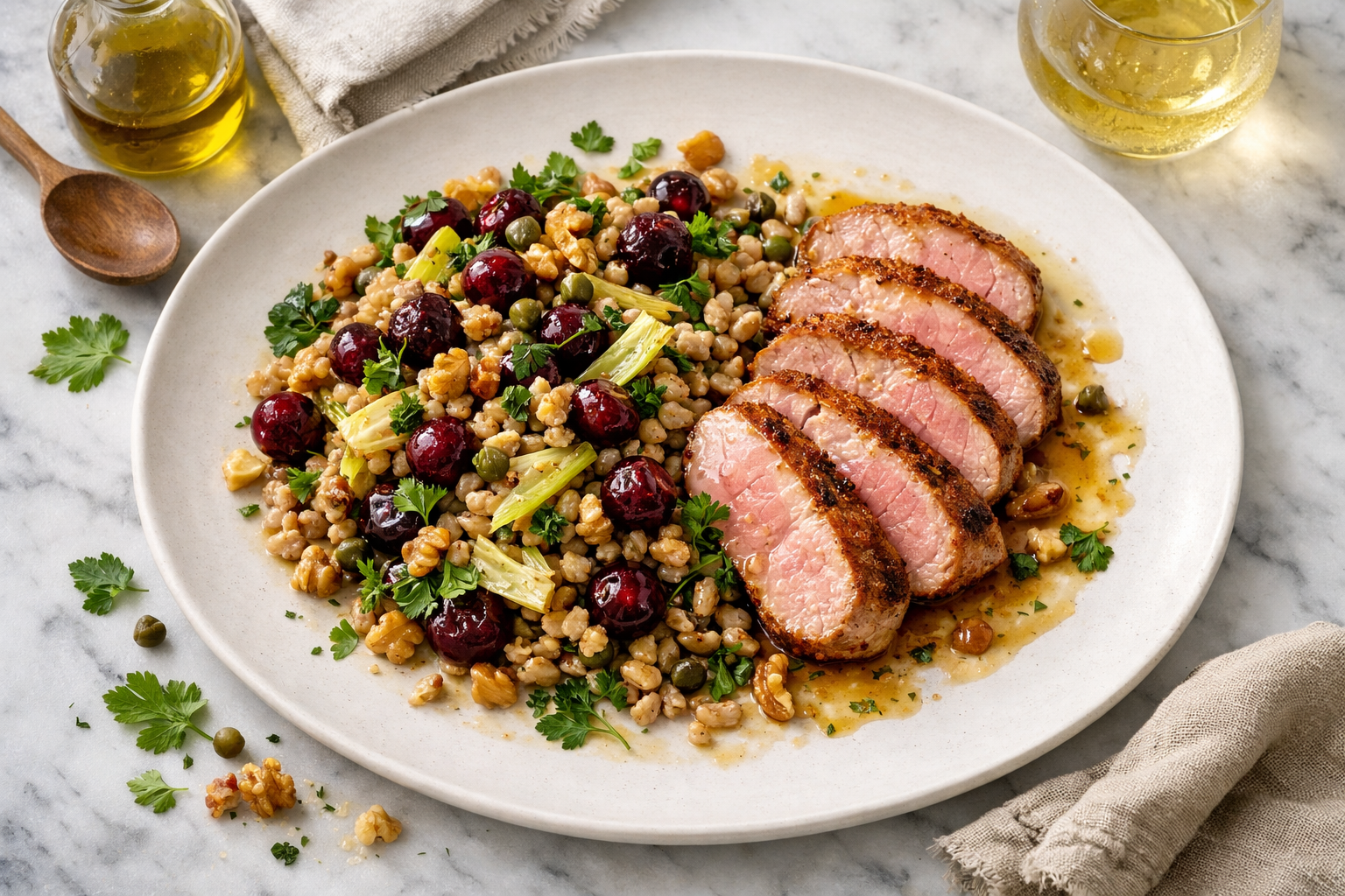 Sliced rosy pork medallions fan over a mound of glistening farro studded with ruby cherries, pale-gold endive, and green herbs, scattered with walnuts on a cool, wide matte-white platter.