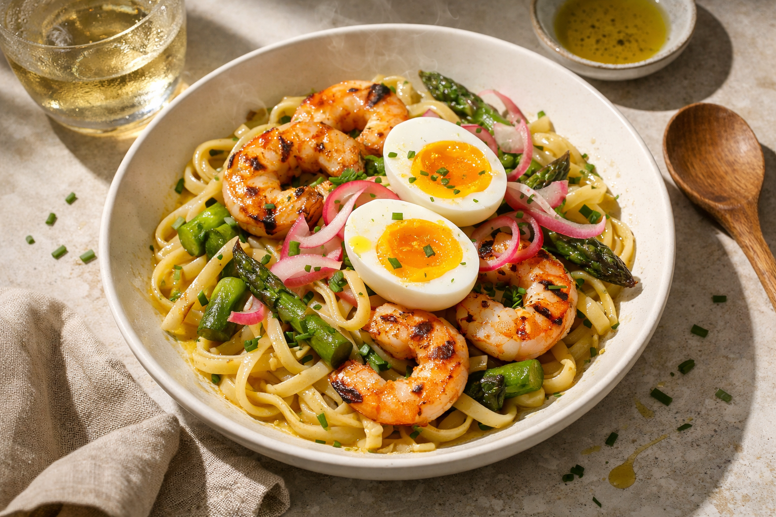 Char-marked shrimp and emerald asparagus over glossy lemon-butter noodles, topped with halved jammy eggs and pink radish curls, scattered chives glistening in a wide, warm white bowl.