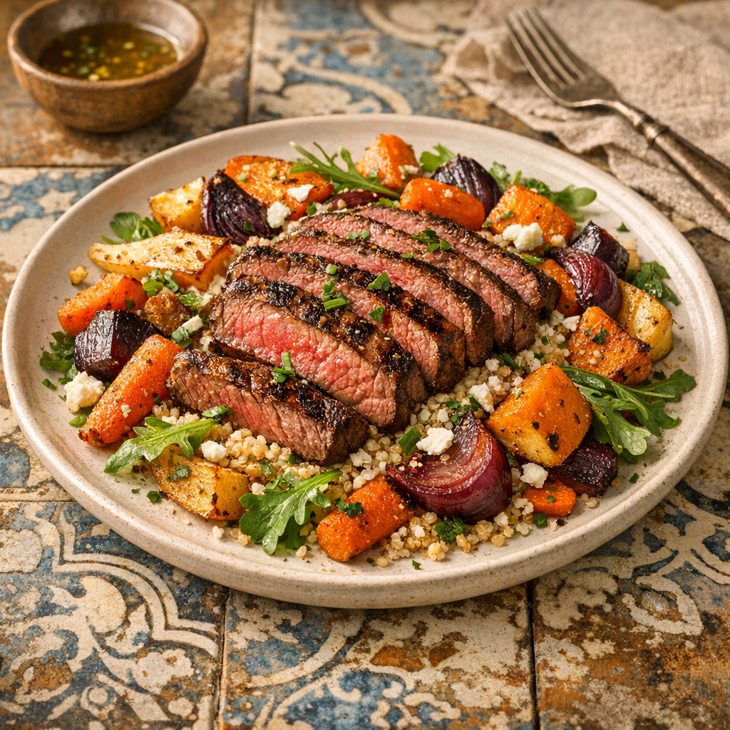 A colorful plate featuring sliced grilled beef atop a bed of fluffy quinoa, surrounded by roasted root vegetables, garnished with fresh herbs.