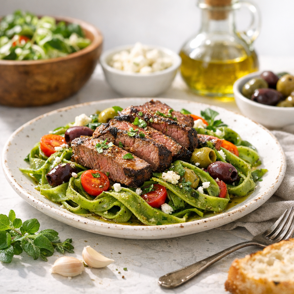 A colorful plate featuring grilled beef slices atop a bed of vibrant green spinach pasta, garnished with fresh herbs and a drizzle of olive oil.