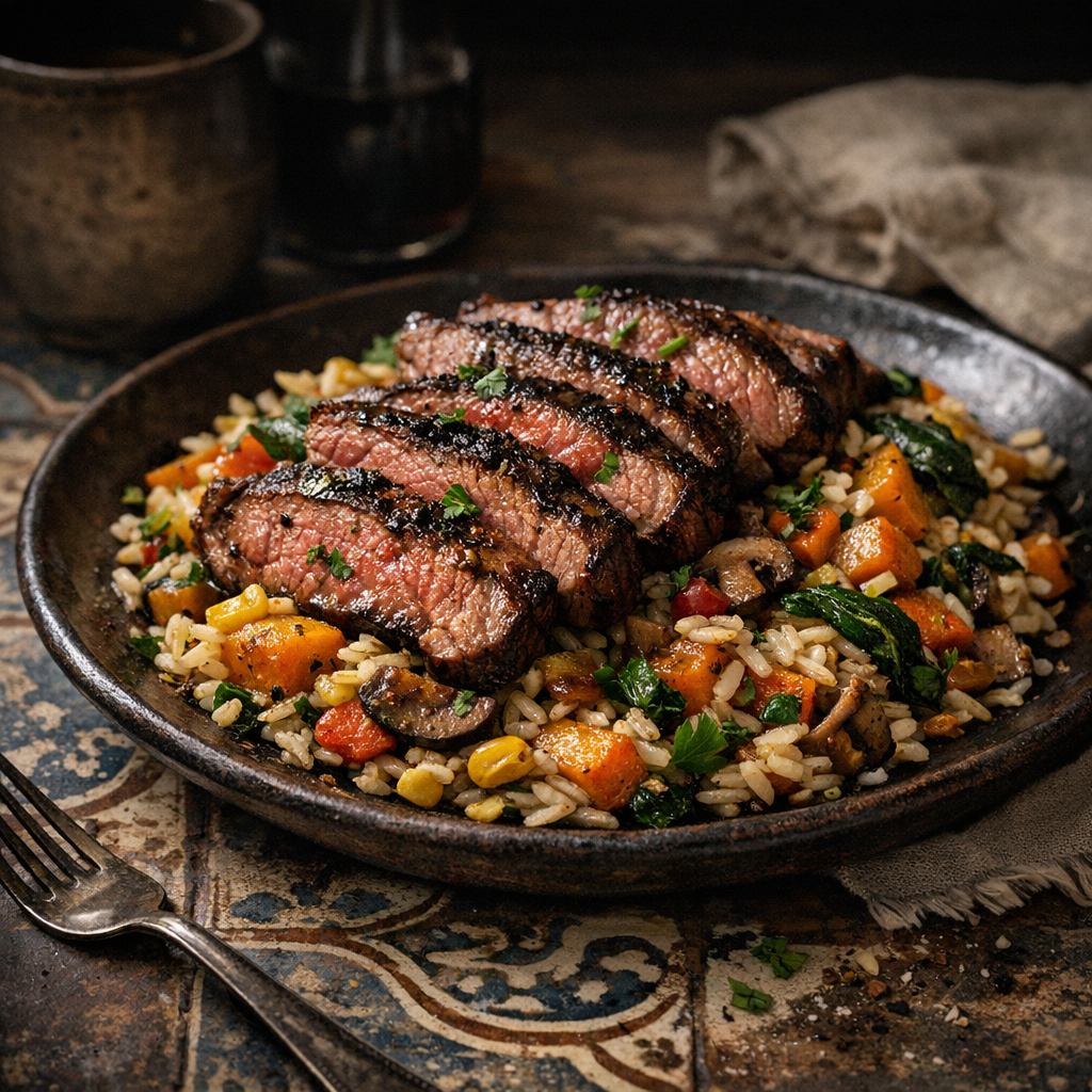 The dish features beautifully grilled beef slices atop a colorful bed of rice and roasted autumn vegetables, garnished with fresh herbs.