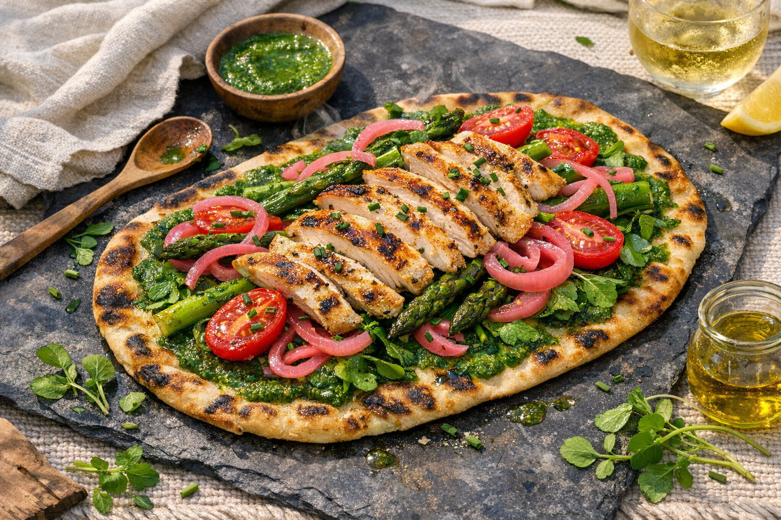 Char-speckled flatbread on a warm slate board, streaked with emerald sauce and piled with juicy sliced chicken, blistered asparagus, pink pickled onions, and glossy tomato halves, finished with chive confetti.