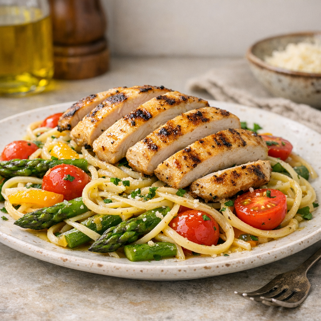 A colorful plate featuring golden grilled chicken slices over vibrant green asparagus, bright cherry tomatoes, and a tangle of pasta drizzled with olive oil.