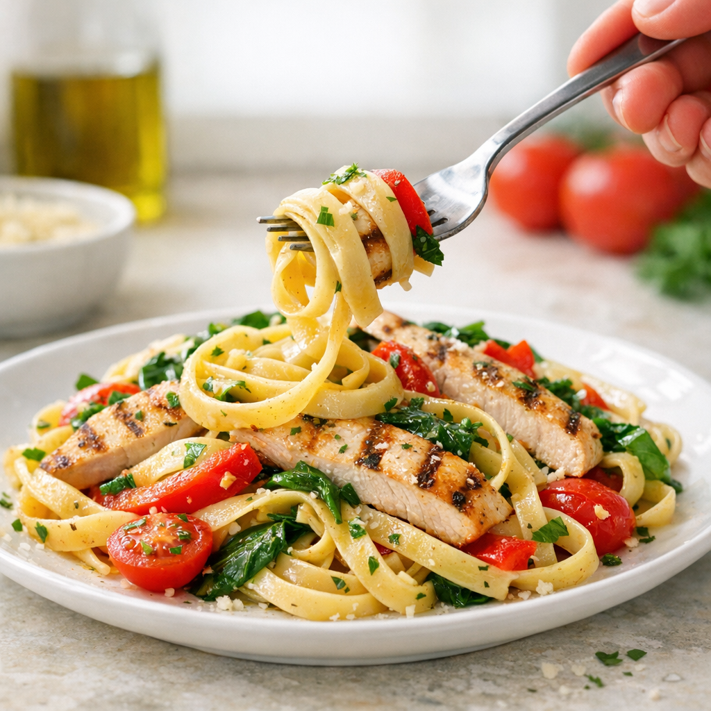 A vibrant plate of golden pasta topped with grilled chicken, bright red bell peppers, green spinach, and garnished with fresh herbs.