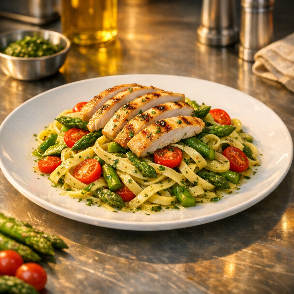 A colorful plate featuring grilled chicken slices atop a bed of vibrant pasta mixed with green asparagus and cherry tomatoes, drizzled with a light herb dressing.