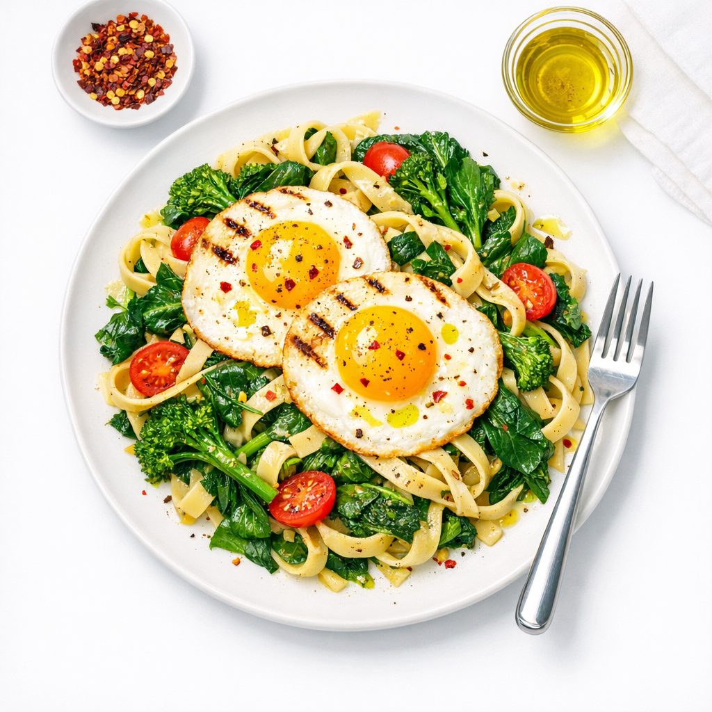 A colorful plate featuring golden grilled eggs atop a bed of pasta, intertwined with vibrant greens and drizzled with olive oil.
