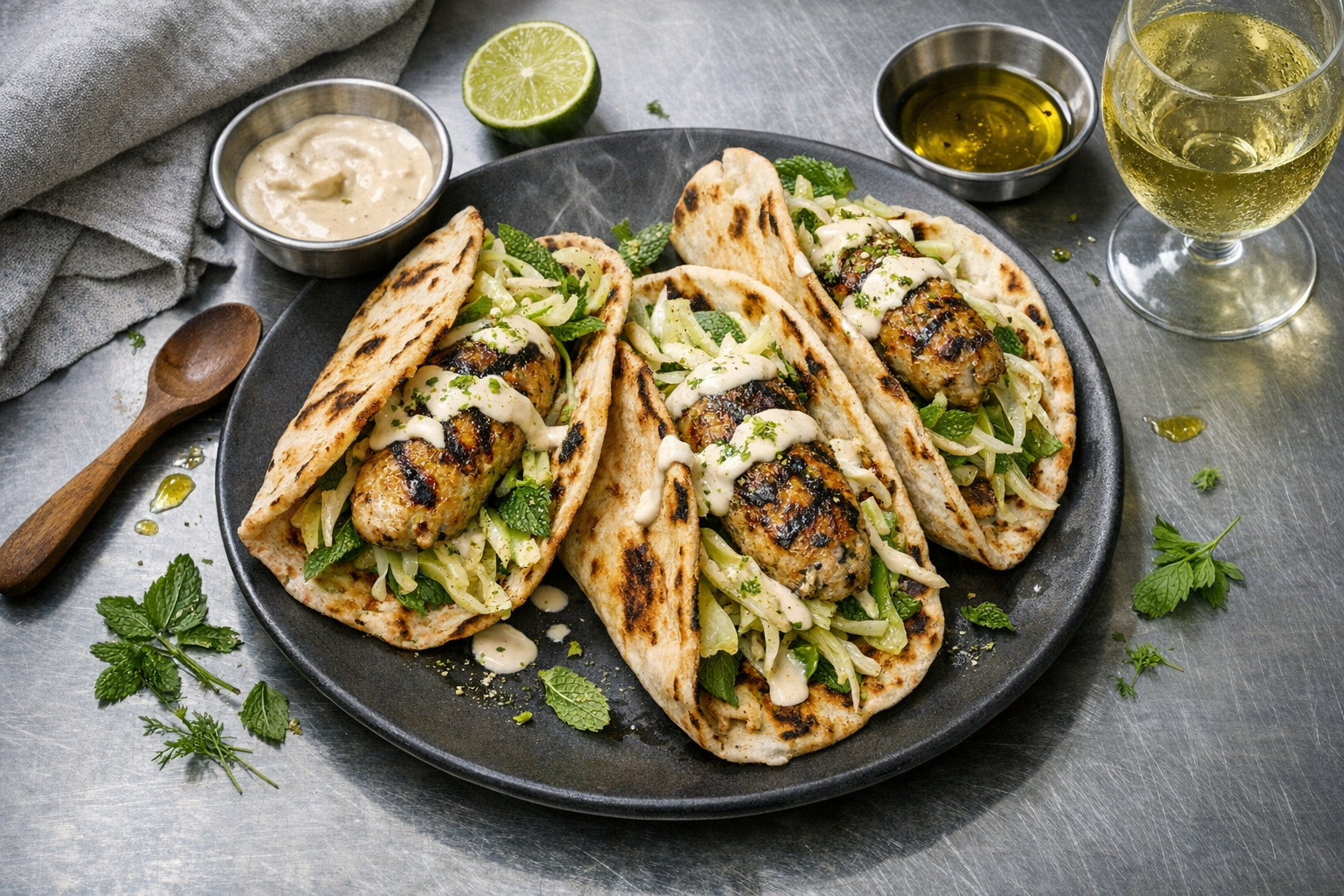 Char-striped fish koftas nestled in blistered pita with pale-green fennel and mint, draped in ivory tahini and lime zest, served on a matte charcoal platter.