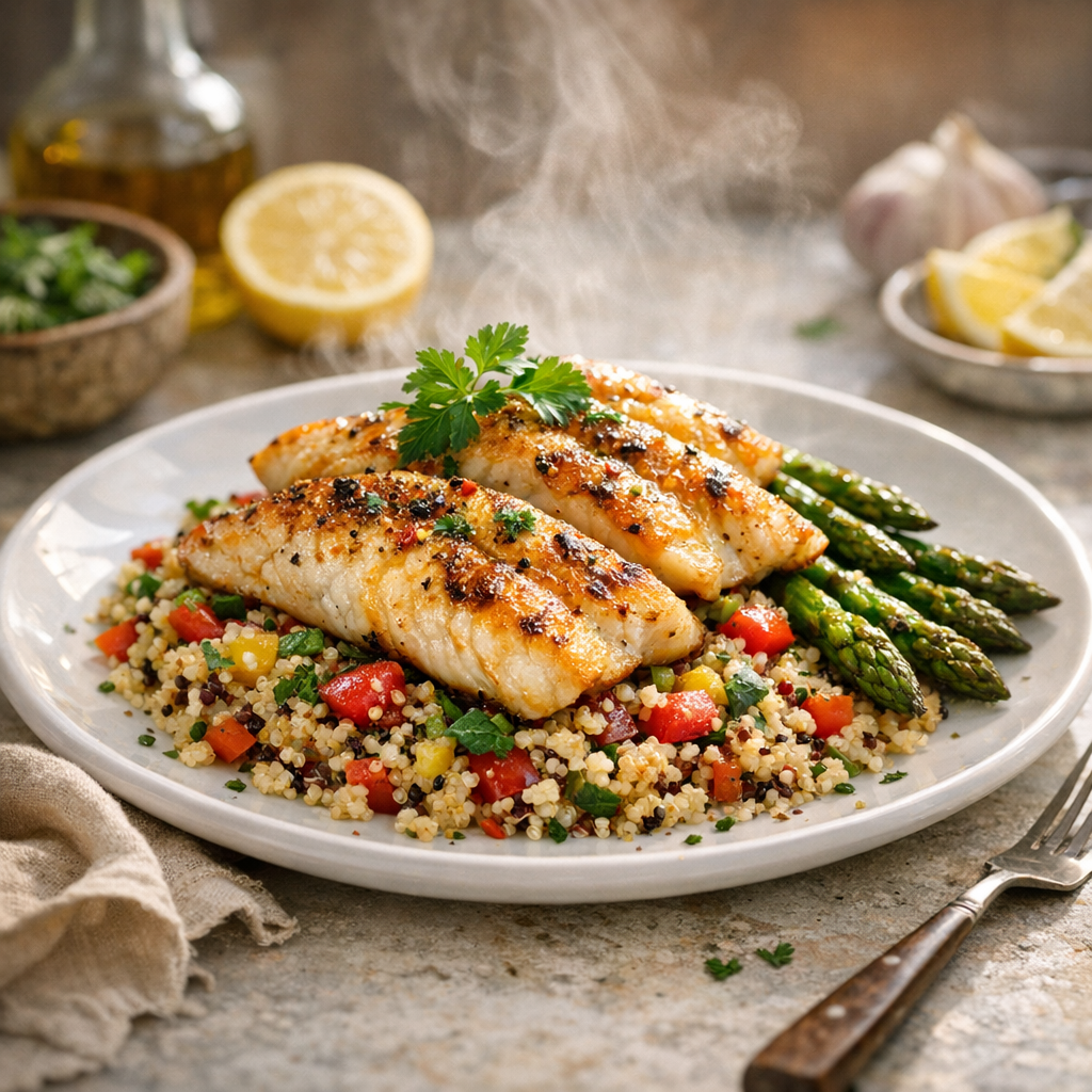 The dish features golden grilled fish fillets over a colorful quinoa bed, adorned with bright green asparagus and fresh herbs, creating a feast for the eyes.