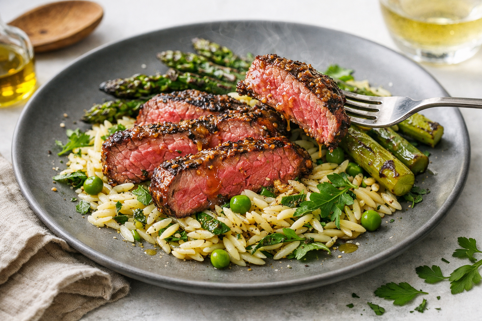 Blush-pink grilled beef slices over glossy lemon-herb orzo with charred asparagus and bright peas, flecked with herbs and rocket, lightly oiled, on a cool matte-gray plate.