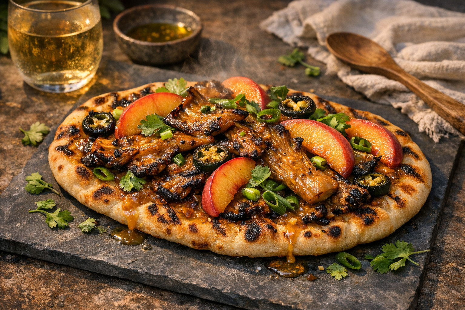 Char-marked flatbread crowned with glossy caramelized oyster mushrooms, pale-gold mustard-peach sheen, blush peach slices, and emerald scallions and coriander, dotted with charred jalapeno, on a warm slate-gray board.