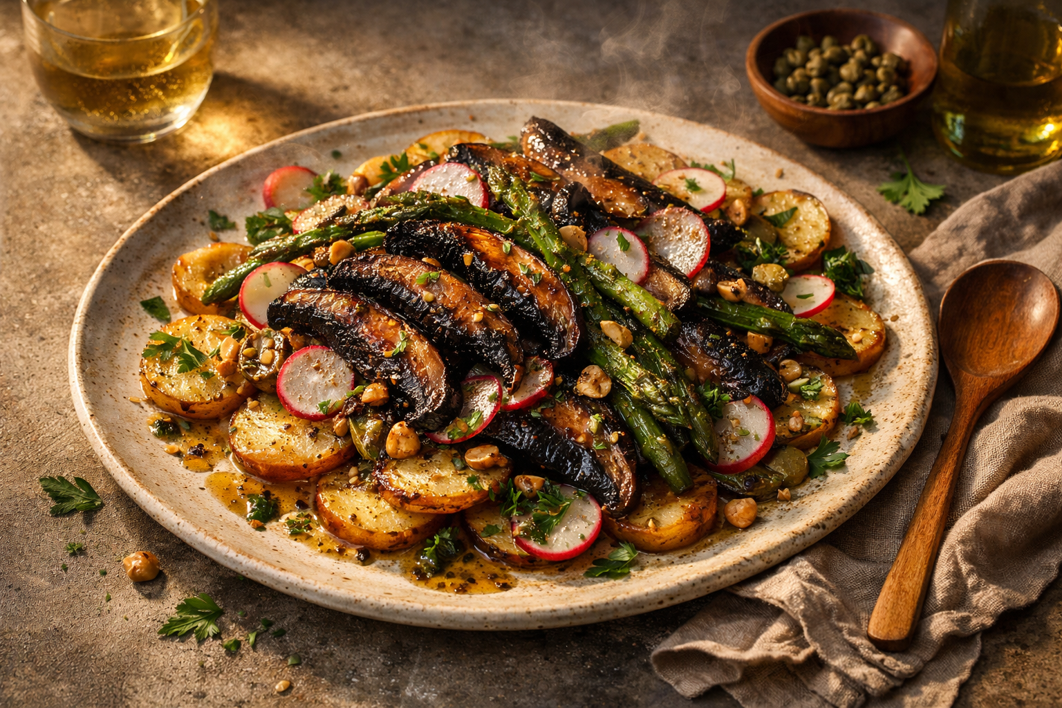 Shingled grilled potato rounds topped with smoky portobello slices and charred asparagus, flecked with pink radish coins, herbs, and hazelnuts, glistening with mustard-caper dressing on a wide stoneware platter.