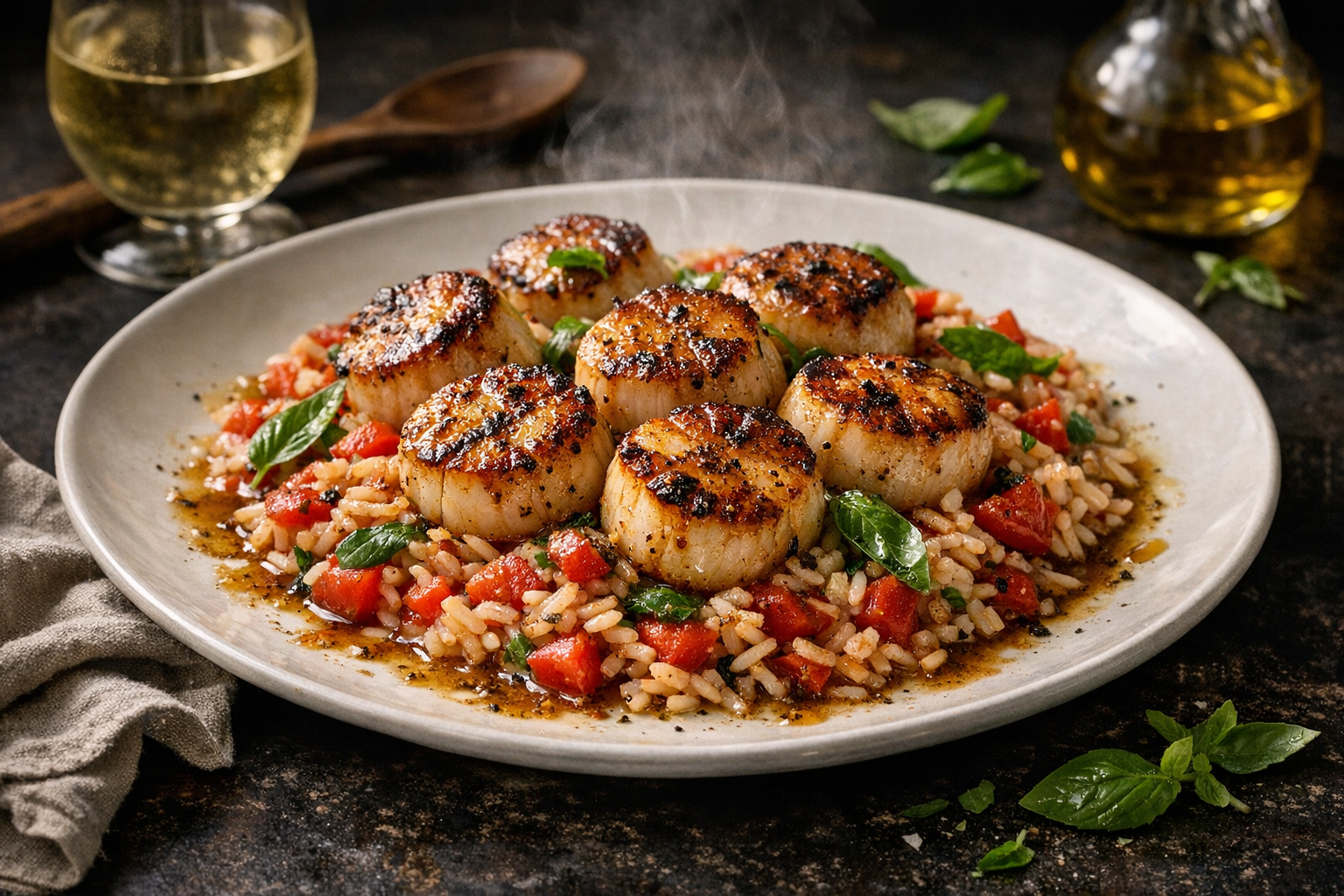 Bronzed scallops atop ruby-studded tomato-basil rice on a wide white plate, glistening with peppery brown butter and dotted with fresh green basil leaves.
