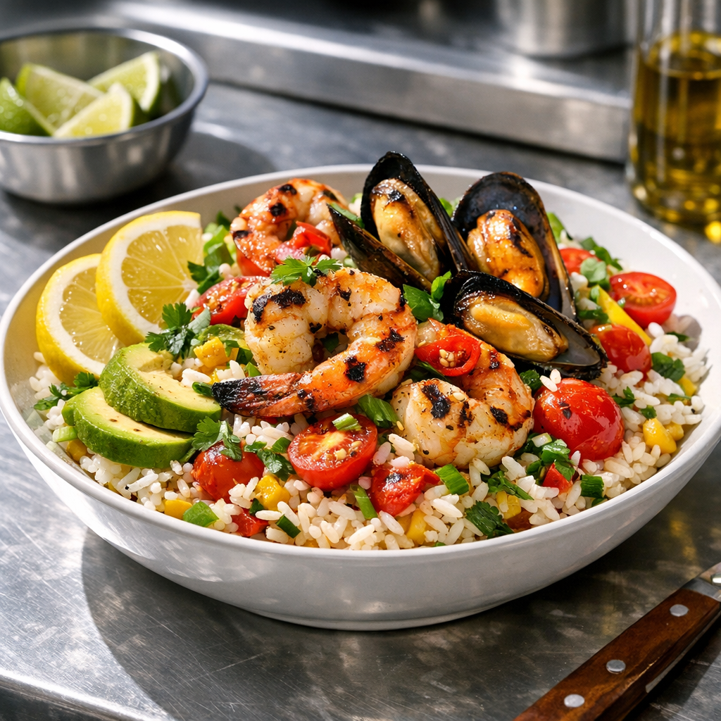 A vibrant bowl filled with colorful grilled shellfish over fluffy rice, garnished with fresh herbs and zesty citrus slices.