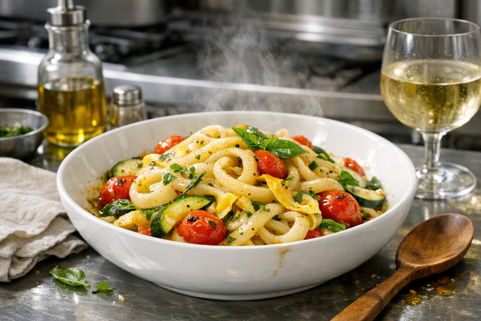 Glossy potato noodles and golden egg ribbons tangle with green courgette and burst cherry tomatoes, flecked with basil, steaming in a wide white bowl with a clean rim.