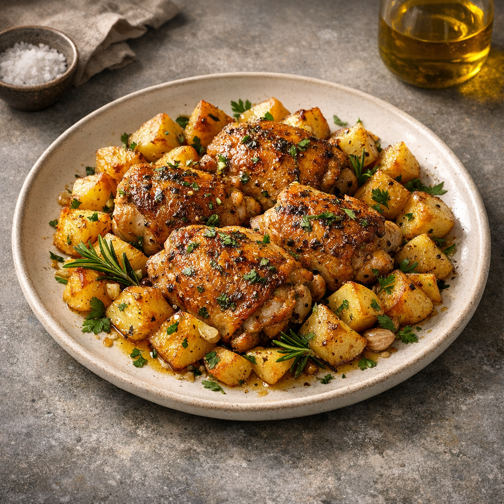 The dish showcases golden-brown chicken thighs nestled among crispy, garlic-infused potatoes, garnished with fresh herbs and a drizzle of olive oil.