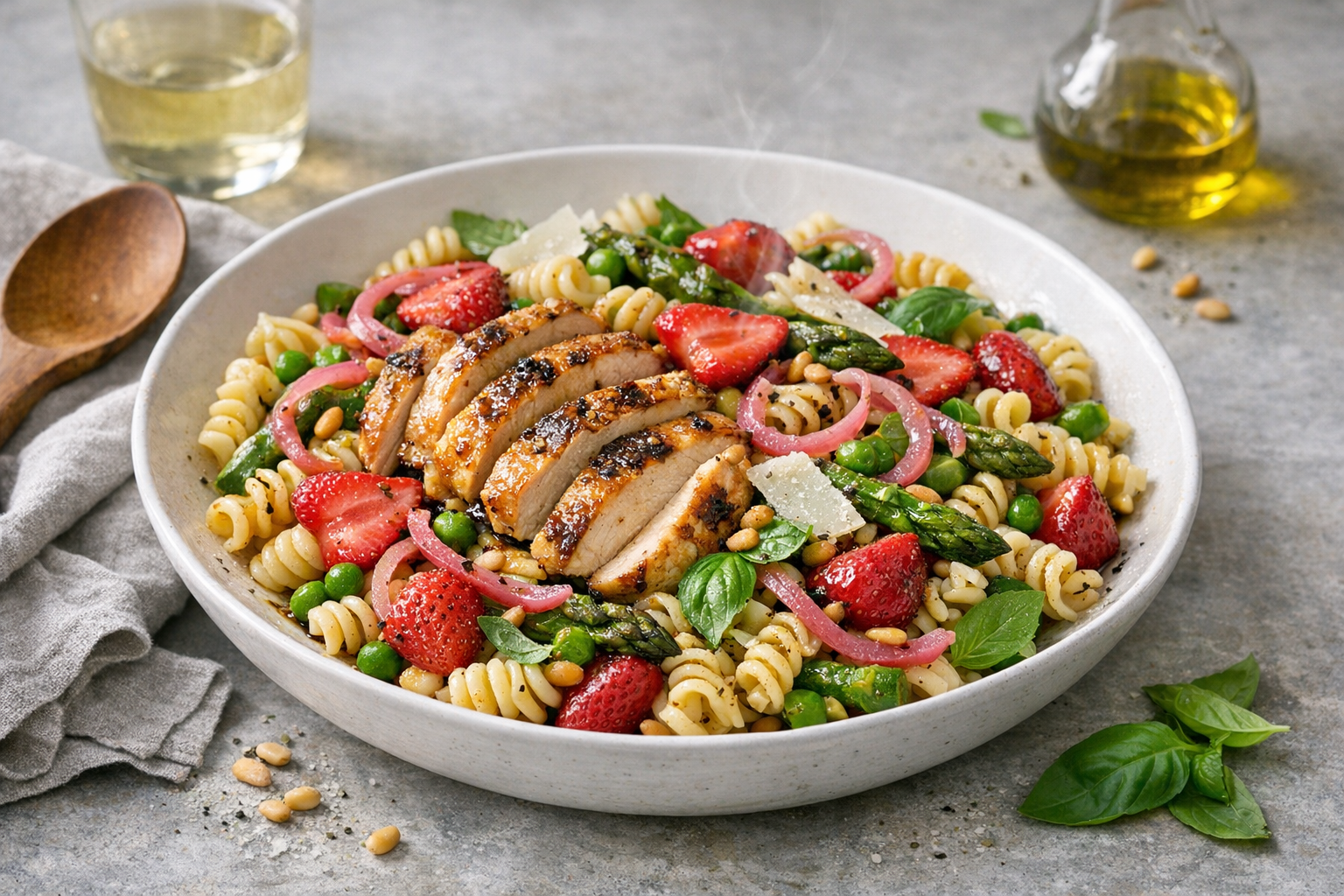A wide white bowl of glossy fusilli tangled with emerald asparagus and peas, rosy pickled strawberries and onions, sliced golden chicken, basil and Parmesan shards, and toasted pine nuts glinting in a balsamic sheen.
