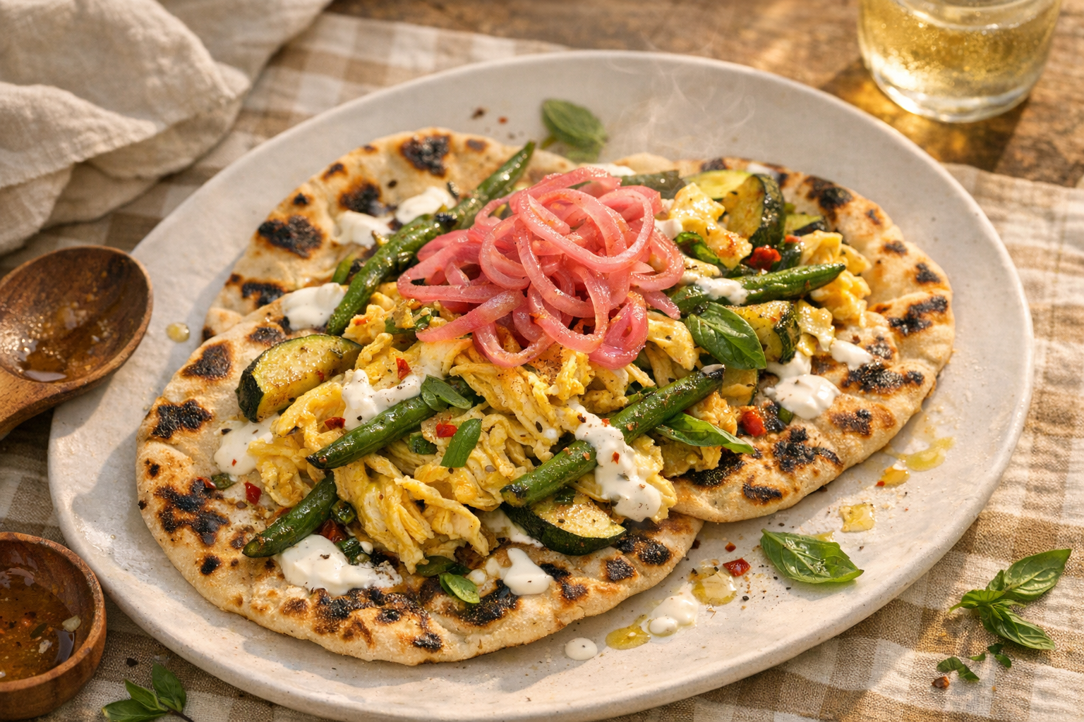 Charred flatbreads layered with glossy golden egg ribbons, blistered green beans and courgette, flecks of red pepper and basil, drizzled with pale lemon yogurt and crowned with pink pickled onions on a matte white platter.