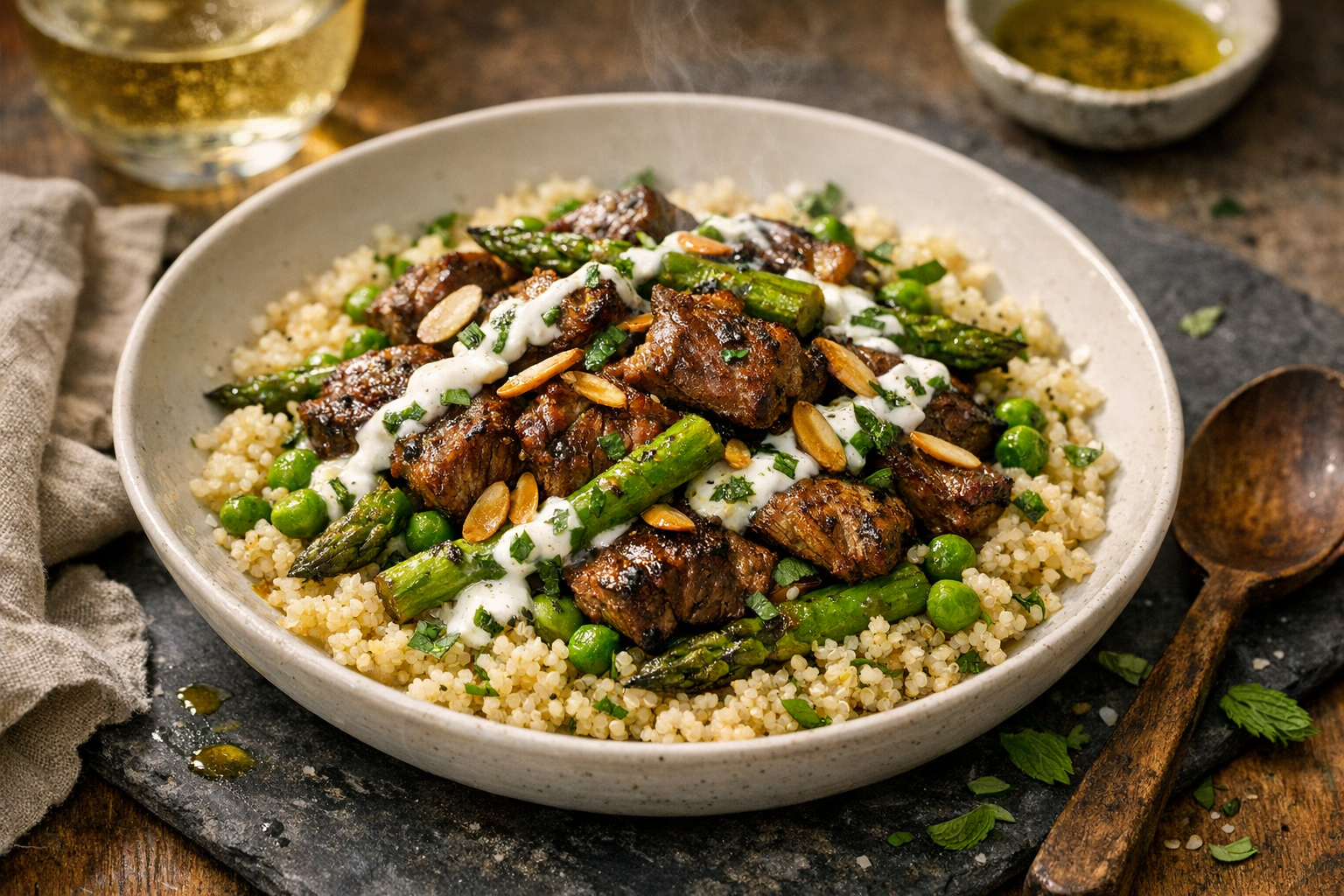 Shallow white bowls hold a bed of pale, fluffy quinoa topped with glossy, browned lamb and bright green asparagus and peas, streaked with white yogurt, mint flecks, and golden almonds.