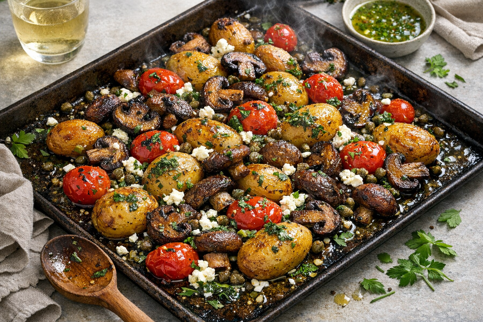 On a dark metal sheet pan, golden potatoes and deeply browned mushrooms mingle with blistered red tomatoes, crisped capers, crumbled white feta, and a glossy lemon sheen under a green herb shower.