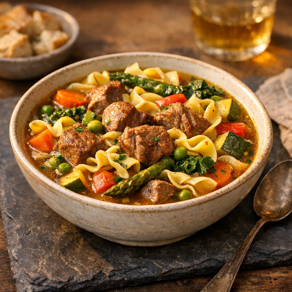 The dish features tender lamb pieces nestled among vibrant noodles and colorful vegetables, all bathed in a rich, fragrant broth.