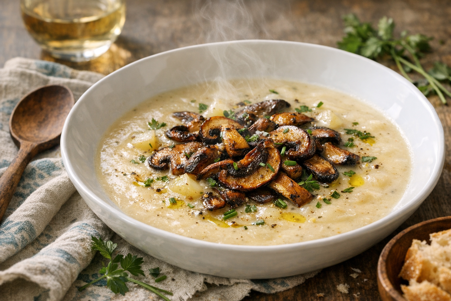 Creamy pale soup swirled with bronze-edged mushrooms, glossy and speckled with bright chives and parsley, lightly oiled, served in a wide white bowl with clean, modern lines.