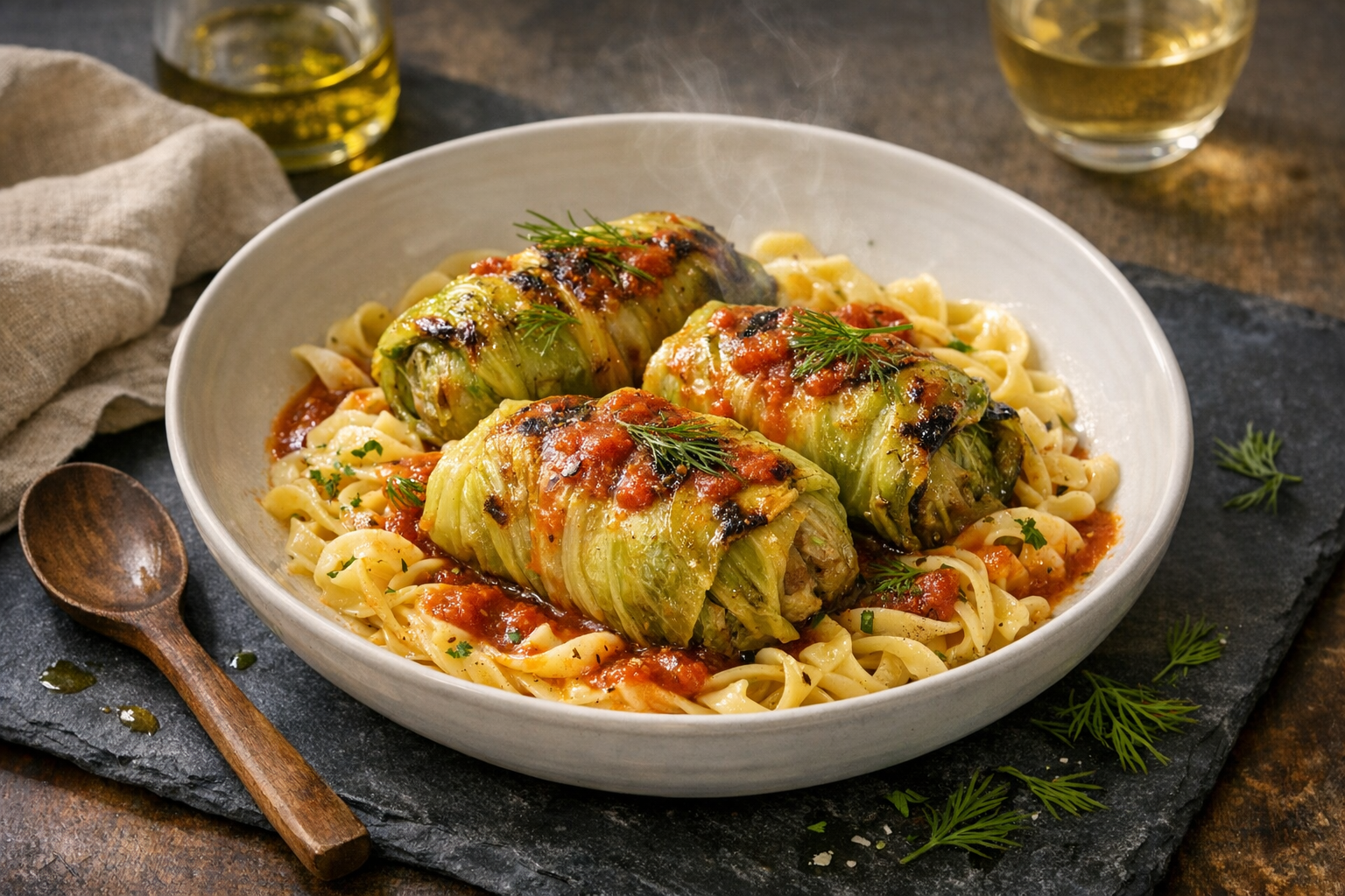 Pale-green cabbage parcels gleam atop golden buttered noodles, streaked with glossy crimson tomato butter and sprinkled with dill, all composed in a wide white bowl with tidy, rail-like strands.