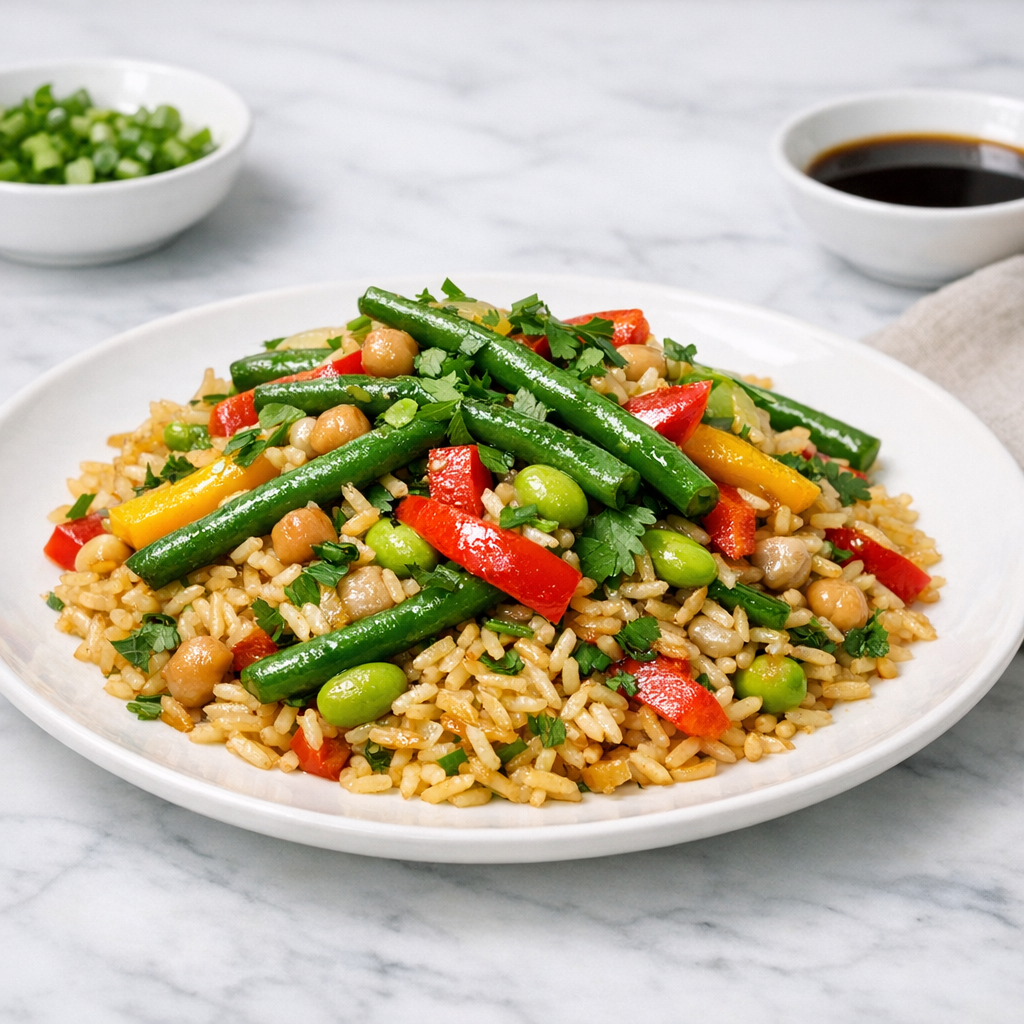 A colorful plate featuring golden rice topped with green beans, vibrant bell peppers, and a sprinkle of fresh herbs, all glistening with a light sauce.