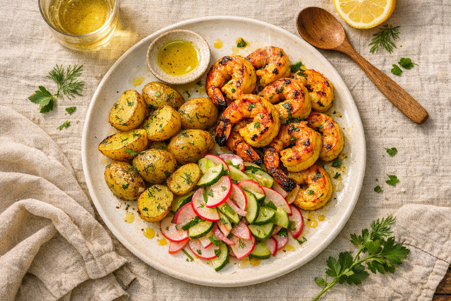 Blushed, lightly charred shrimp over golden-crisped dill potatoes with ribbons of pink radish and green cucumber, glossy with lemon oil, piled on a warm white stoneware plate.