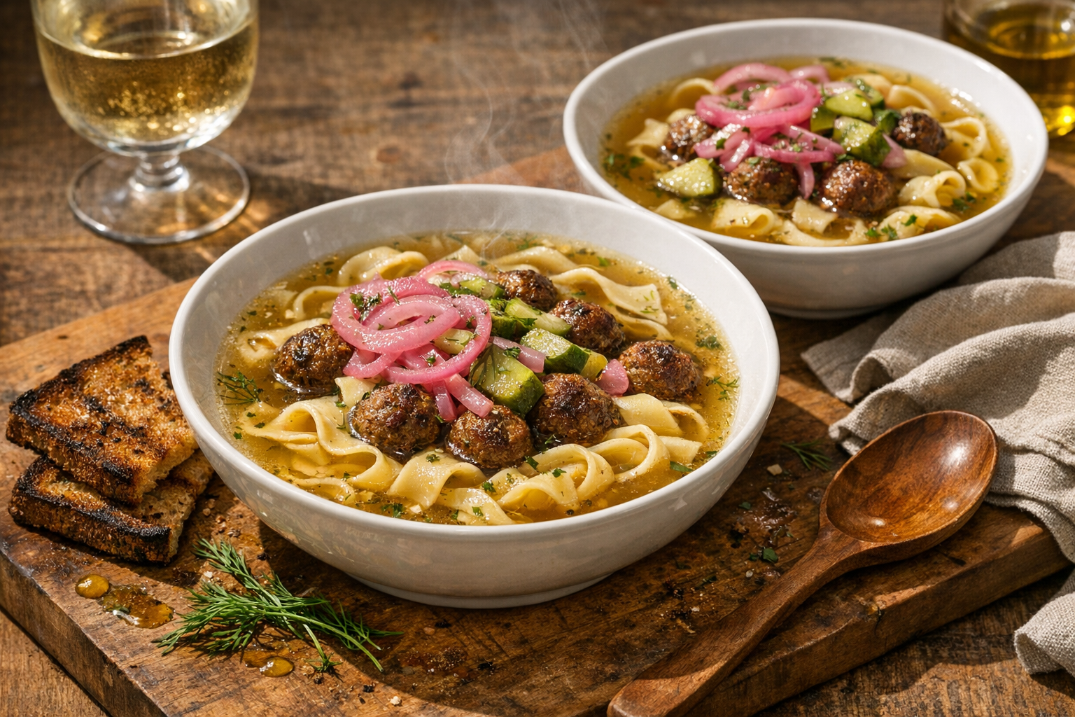 Wide white bowls of clear golden broth with springy ribbons of pasta and browned mini meatballs, topped with glossy pink onion and green cucumber pickles, flecks of dill, and rye toasts alongside.
