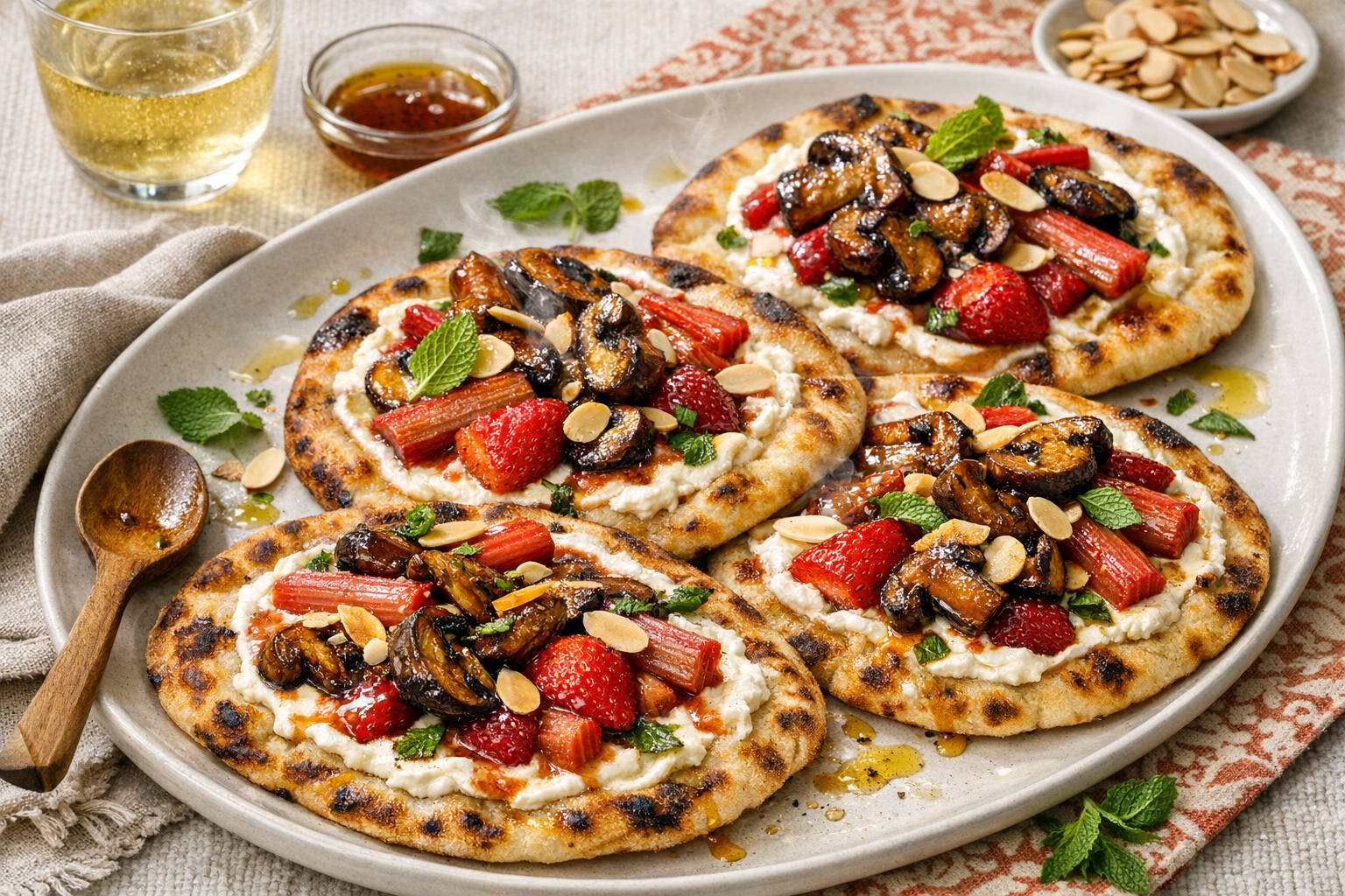 Crisp, blistered flatbreads on a warm white platter, crowned with glossy caramelized mushrooms, ruby strawberry-rhubarb slices, toasted almond shards, and mint confetti over a creamy mascarpone shimmer.
