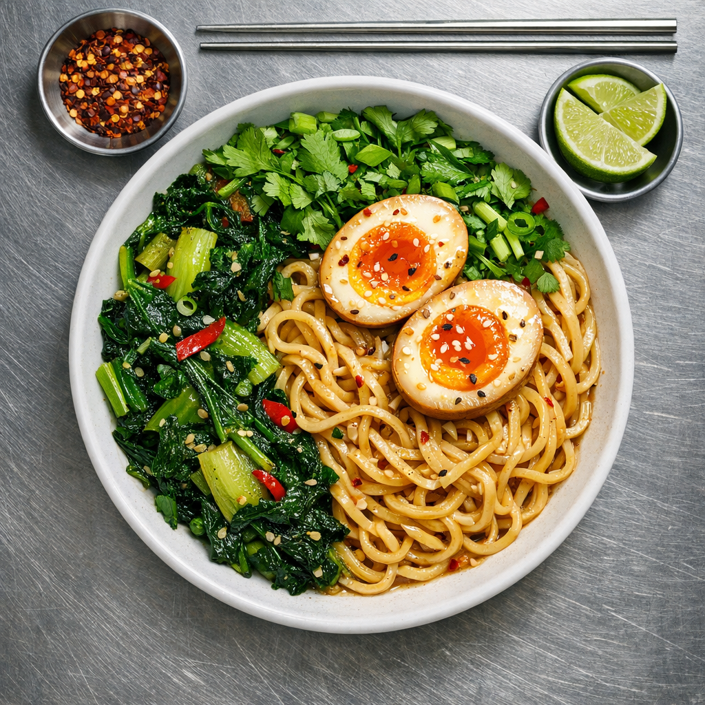 A colorful bowl featuring golden marinated eggs atop glossy noodles, surrounded by vibrant sautéed greens and garnished with herbs.