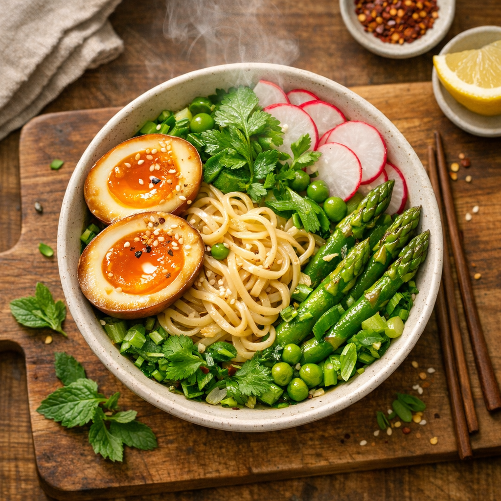 A colorful bowl featuring golden marinated eggs atop tangled noodles, surrounded by vibrant green asparagus, radishes, and fresh herbs.