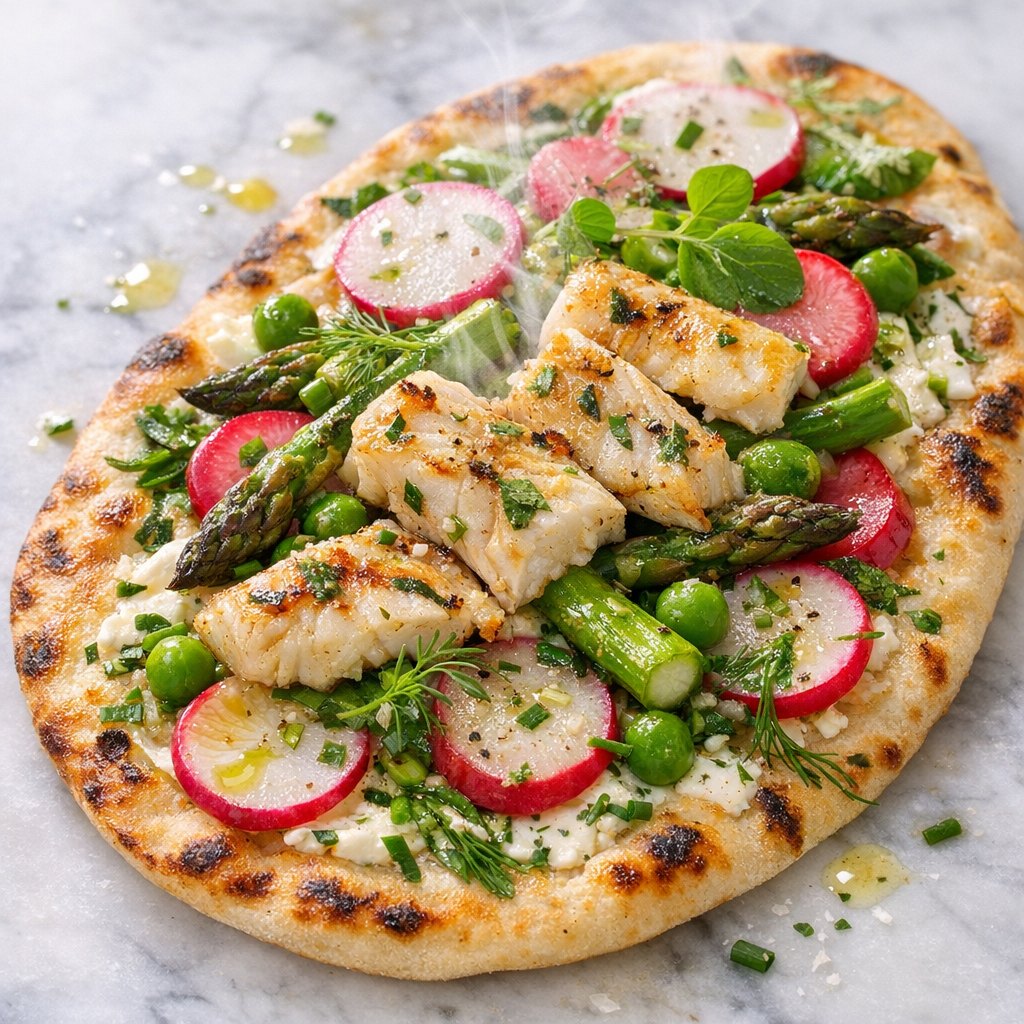 The dish features golden-brown flatbread topped with marinated fish, vibrant green asparagus, and colorful radishes, garnished with fresh herbs.