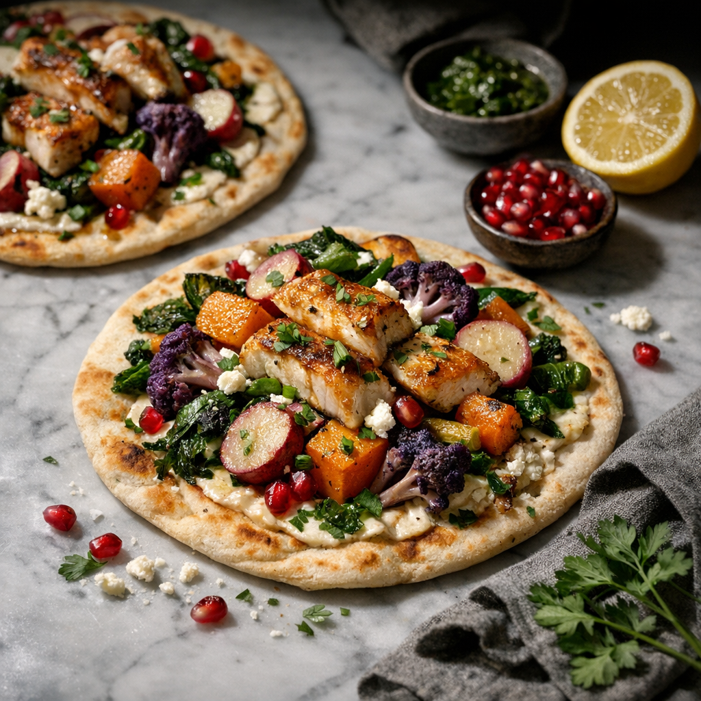Plated flatbreads topped with vibrant marinated fish, colorful winter vegetables, and a sprinkle of fresh herbs create an inviting, wholesome dish.