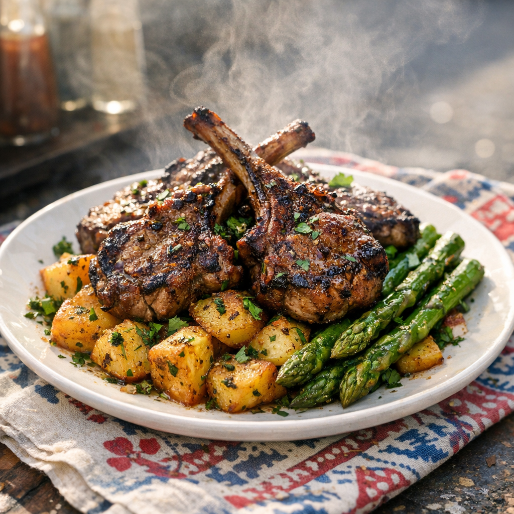 The dish presents succulent, marinated lamb chops resting atop golden, herb-infused potatoes, garnished with fresh parsley and vibrant green asparagus.