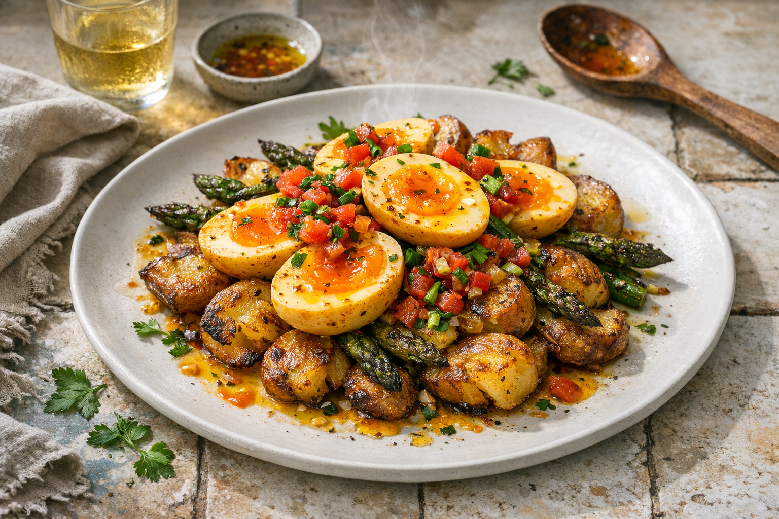 Halved golden-stained jammy eggs on a pile of craggy crisp potatoes and blistered asparagus, jeweled with red tomato-scallion relish and parsley, drizzled with chili-lemon oil on a matte white platter.