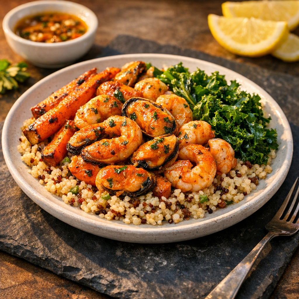 A colorful plate showcasing bright orange shellfish atop fluffy quinoa, adorned with vibrant green kale and roasted carrots.