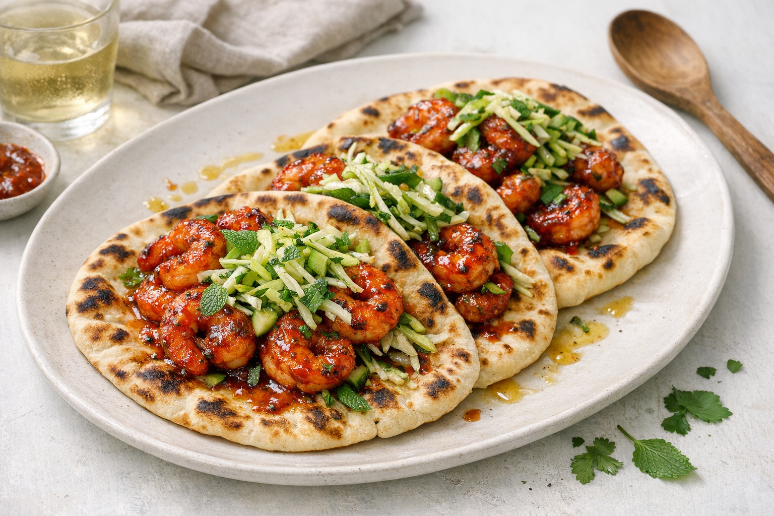 Char-speckled flatbreads piled with crimson-glazed shrimp and a jade-green cabbage-cucumber slaw, mint flecks catching the light, served overlapped on a warm white platter.