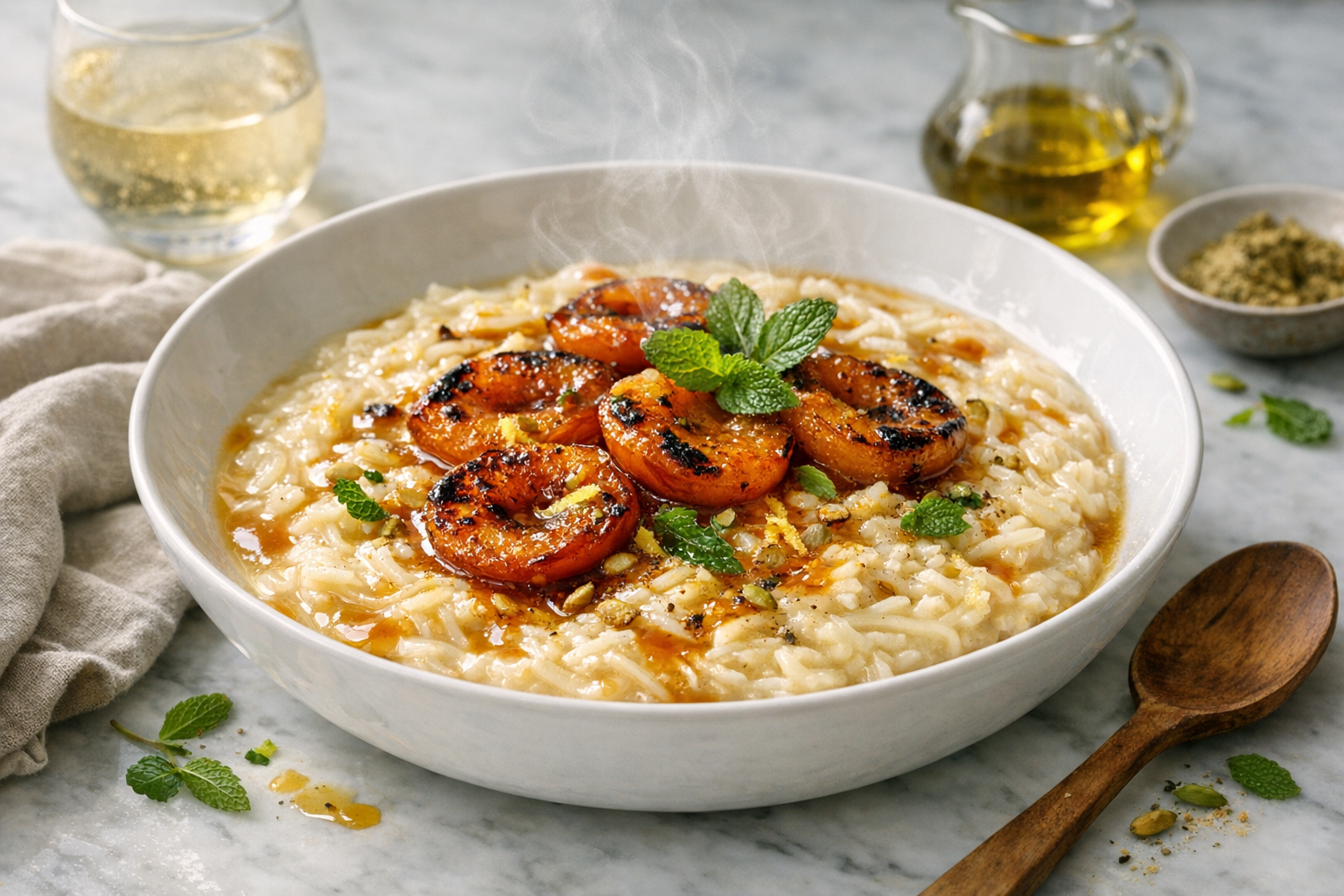Ivory pudding in a wide white bowl, rippled with amber-roasted apricots and glossy mate syrup, flecked with lemon zest and cardamom, finished with fresh mint for a cool green pop.