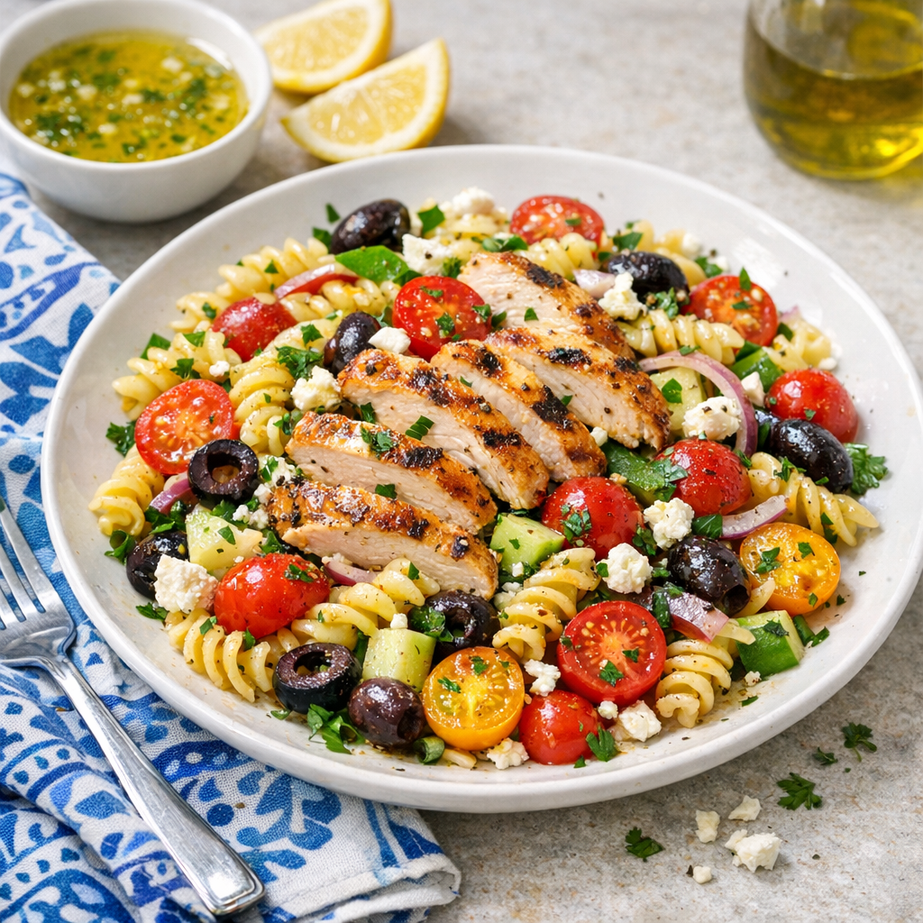 A colorful plate of pasta with grilled chicken, cherry tomatoes, olives, and fresh herbs, drizzled with a lemon vinaigrette.