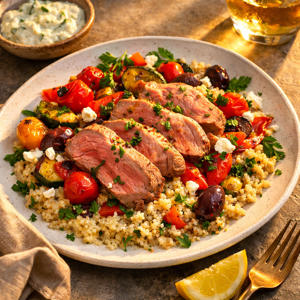 A vibrant plate showcasing tender, pink lamb slices atop fluffy quinoa, garnished with fresh herbs and colorful roasted vegetables.