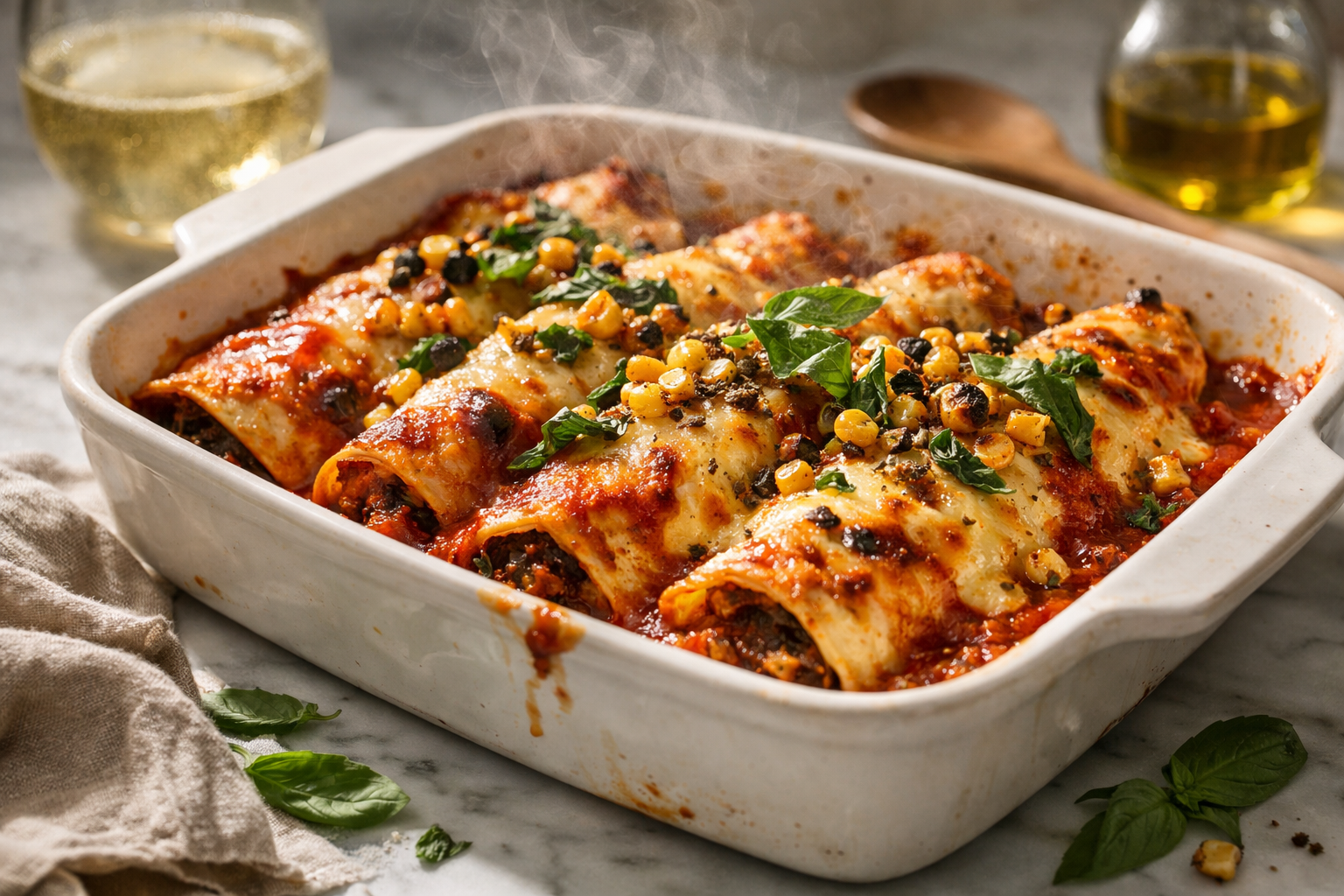 Golden-edged enchiladas in a white ceramic dish, glossed with roasted-tomato red and bubbling Gouda, charred corn and basil scattered on top, steam curling across a sunlit table.