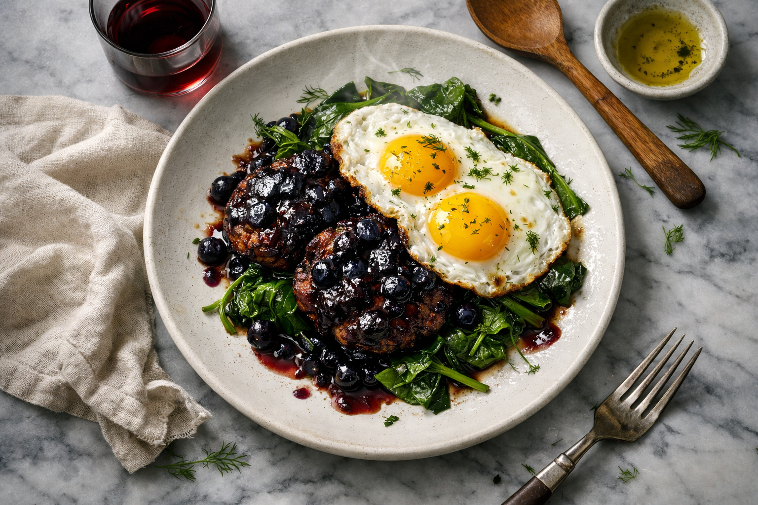 Mahogany-seared lamb patties lacquered in deep indigo blueberry glaze over glossy green spinach, topped with sunny-yolk eggs and dill flecks on a wide white stoneware plate.