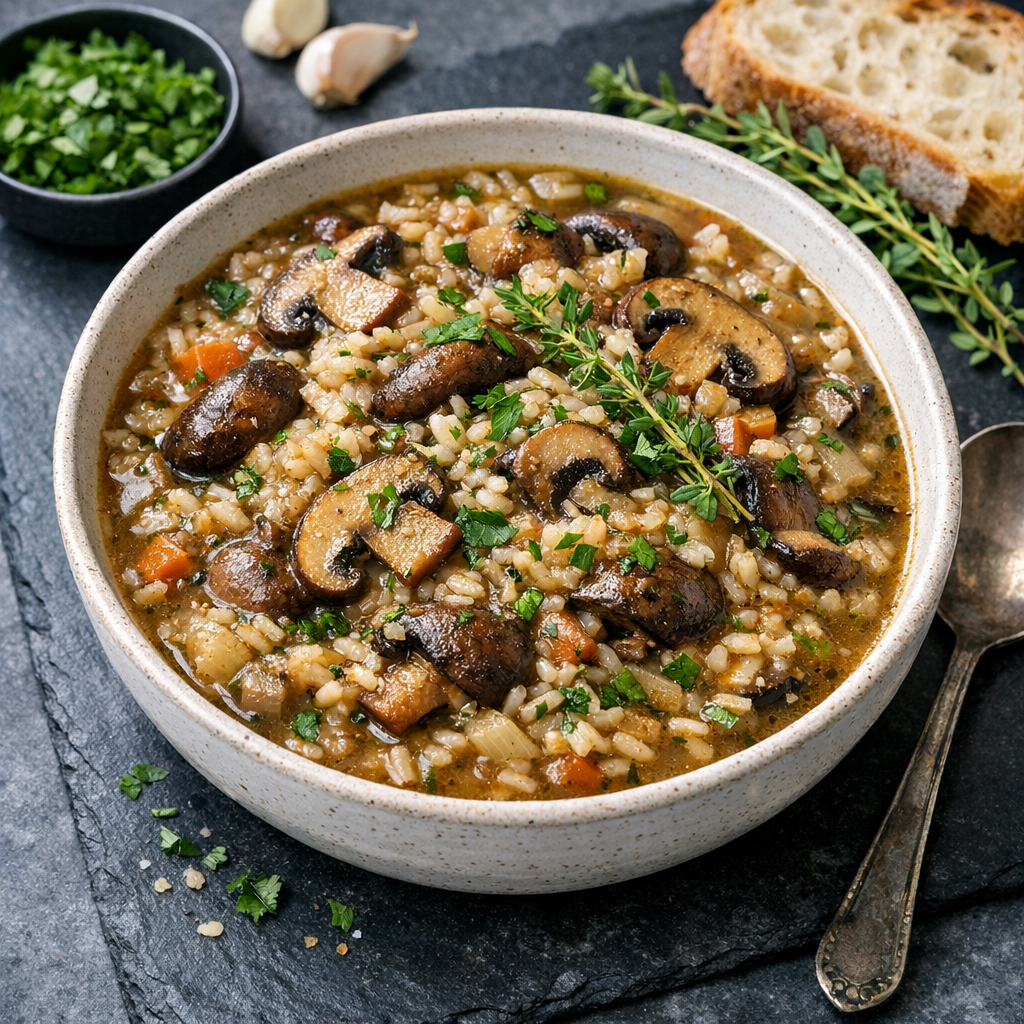 A warm, earthy stew of mushrooms and rice garnished with fresh herbs, presenting a comforting blend of brown and green hues.