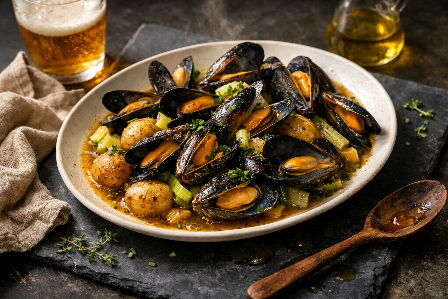 Shallow white platter mounded with glossy black mussels over wrinkled, buttered new potatoes in amber ale broth, pale leeks and celery peeking through, finished with chives.