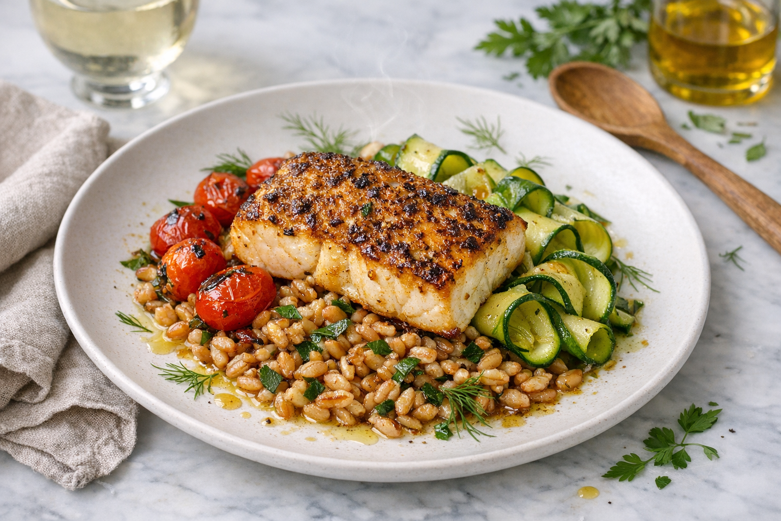 Bronzed cod with a speckled mustard crust rests on glossy farro flecked with parsley, surrounded by blistered cherry tomatoes and green courgette ribbons, on a wide matte-white plate with scattered dill fronds.